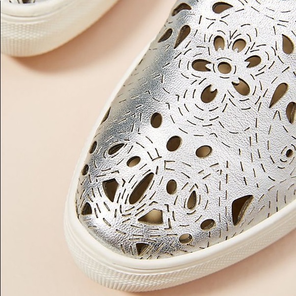 Silver Leather Laser Cut Platform Slip On Sneakers - Picture 5 of 5